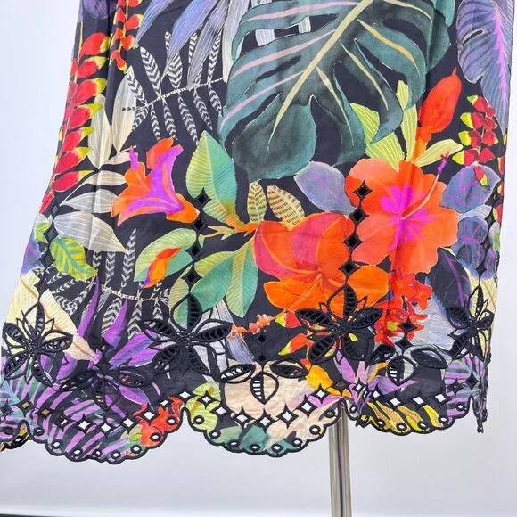 $398 NWOT Johnny Was Embroidery Lace Silk Floral Tie Mini Dress Oversize XS